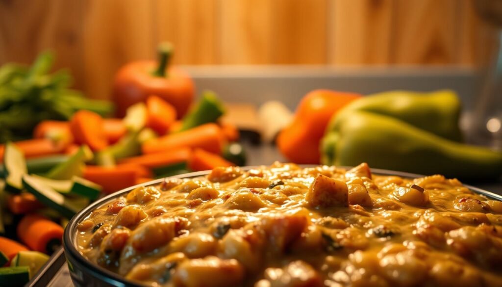 A bountiful casserole dish brimming with hearty vegetables, simmered in a rich, creamy sauce. The foreground features a bubbling, golden-topped casserole, fresh from the oven, casting a warm glow across the scene. The middle ground showcases an assortment of vibrant, seasonal produce - carrots, zucchini, bell peppers, and onions - chopped and ready to be incorporated. The background subtly hints at a cozy, homey kitchen setting, with wooden accents and soft, diffused lighting creating an inviting, comforting atmosphere. The overall composition conveys a sense of nourishment, simplicity, and the comforting embrace of a wholesome, vegetarian-friendly meal.
