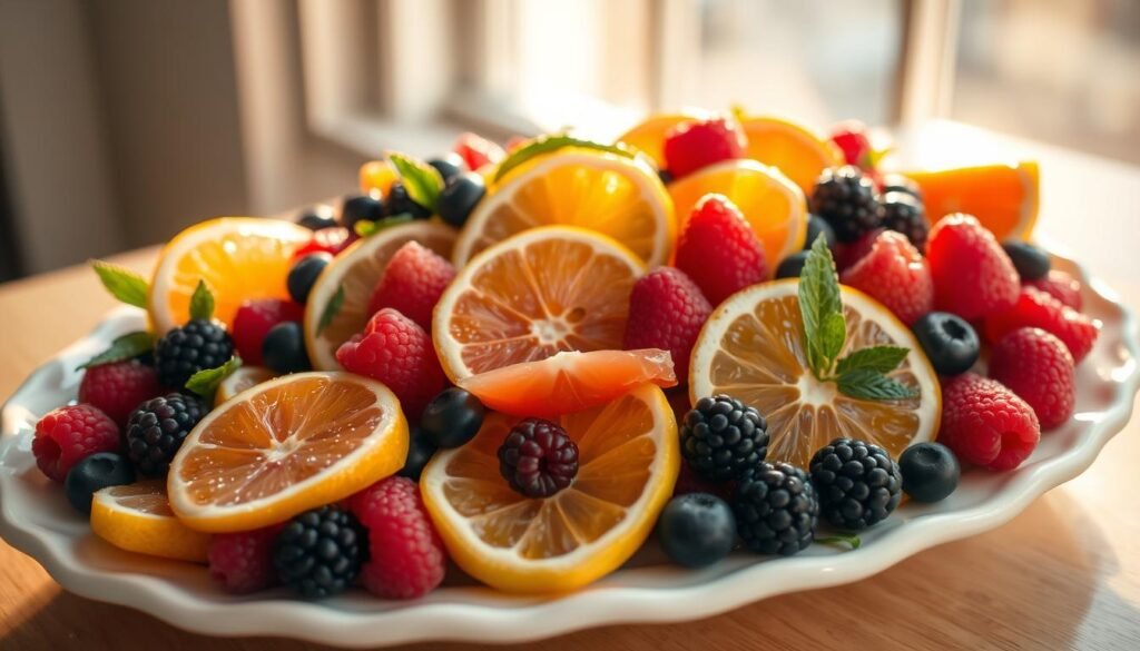 A bountiful citrus and berry salad, fresh and vibrant, artfully arranged on a white ceramic platter. Juicy slices of orange, grapefruit, and lemon, interspersed with plump raspberries, blackberries, and blueberries. The sunlight filtering through a large window casts a warm, golden glow, creating soft shadows and highlights that accentuate the natural colors and textures of the fruit. The overall composition is balanced and visually appealing, evoking a sense of Spring and the season's bountiful harvest.