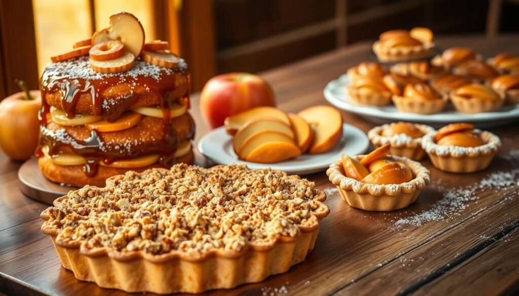 A bountiful display of delectable apple Thanksgiving desserts graces a rustic wooden table, bathed in warm, golden lighting. In the foreground, a mouthwatering apple crumble pie with a flaky crust and a generous topping of cinnamon-spiced crumbs. Alongside, a towering apple cake adorned with a glossy caramel glaze and candied apple slices. In the middle ground, homemade apple turnovers with flaky pastry and a dusting of powdered sugar. In the background, a platter of individual apple tartlets, their buttery crusts cradling glistening apple slices. The scene exudes an inviting, cozy atmosphere, perfect for elevating any Thanksgiving table.