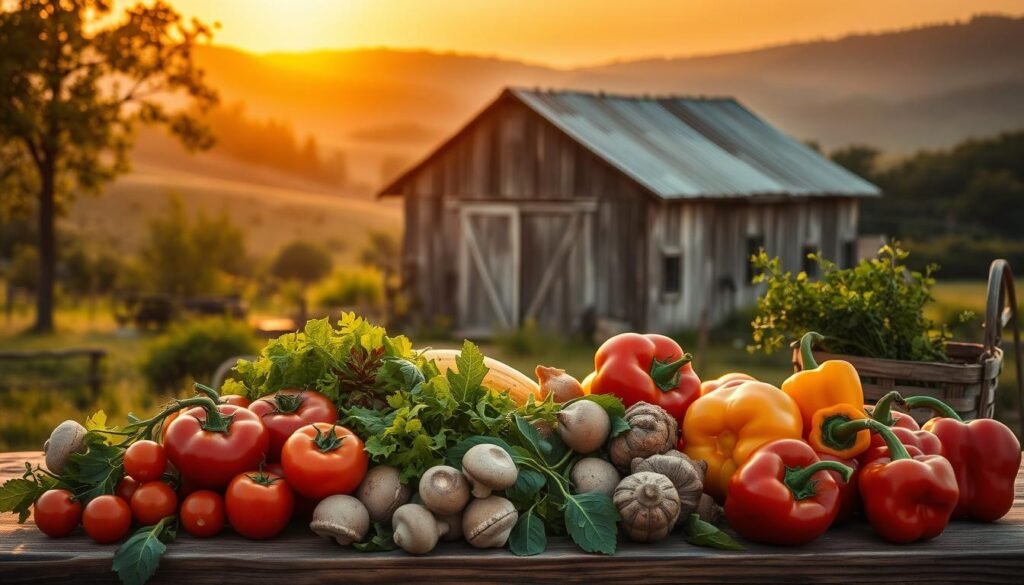 A bountiful harvest scene, set against a warm, golden sunset. In the foreground, a vibrant array of seasonal produce - ripe tomatoes, crisp greens, earthy mushrooms, and vibrant bell peppers - artfully arranged on a rustic wooden table. The middle ground features a weathered old barn, its worn facade bathed in the soft, golden light. In the background, a gently undulating landscape of rolling hills and lush, verdant foliage. The overall mood is one of abundance, warmth, and the simple pleasures of the harvest season. Captured with a wide-angle lens, the scene exudes a sense of timelessness and a connection to the rhythms of the natural world.