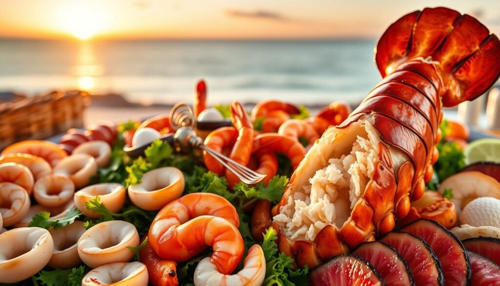 A bountiful seafood feast, presented in an elegant and mouthwatering manner. In the foreground, a succulent lobster tail, its tender flesh glistening under warm, soft lighting. Surrounding it, a medley of fresh-caught delicacies: plump scallops, juicy shrimp, and delicate slices of seared tuna. In the middle ground, a bed of vibrant greens and colorful roasted vegetables, artfully arranged to complement the seafood's flavors. In the background, a serene coastal landscape, with a distant horizon and a hint of a setting sun casting a warm, golden glow over the entire scene. The overall composition evokes a sense of refined sophistication and culinary mastery, perfect for an Easter dinner main course. A bountiful seafood feast, presented in an elegant and mouthwatering manner. In the foreground, a succulent lobster tail, its tender flesh glistening under warm, soft lighting. Surrounding it, a medley of fresh-caught delicacies: plump scallops, juicy shrimp, and delicate slices of seared tuna. In the middle ground, a bed of vibrant greens and colorful roasted vegetables, artfully arranged to complement the seafood's flavors. In the background, a serene coastal landscape, with a distant horizon and a hint of a setting sun casting a warm, golden glow over the entire scene. The overall composition evokes a sense of refined sophistication and culinary mastery, perfect for an Easter dinner main course.