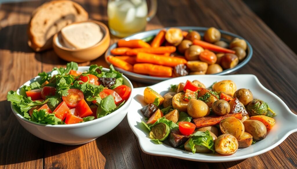 A bountiful spread of complementary side dishes, artfully arranged on a rustic wooden table. In the foreground, a vibrant salad with crisp greens, juicy tomatoes, and a tantalizing vinaigrette, served in a white ceramic bowl. Next to it, a steaming platter of roasted vegetables - golden-brown carrots, tender Brussels sprouts, and earthy potatoes, drizzled with fragrant herb oil. In the background, a warm, crusty loaf of bread and a pitcher of refreshing lemonade, casting soft shadows under the gentle illumination of natural light. The overall scene exudes a sense of balance, harmony, and the perfect complement to any main course, inviting the viewer to savor the delightful possibilities of pairing.