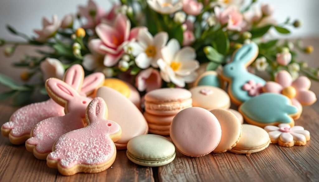 A bountiful spread of festive Easter cookie desserts, artfully arranged on a rustic wooden table. In the foreground, vibrant pastel-colored cookies in whimsical shapes - bunnies, eggs, and flowers - are dusted with shimmering sugar, their intricate icing details catching the soft, warm lighting. In the middle ground, a selection of delicate Easter-themed macarons in muted hues sits alongside buttery shortbread cookies adorned with delicate piped designs. The background features a lush, springtime floral arrangement, its blossoms in pastel shades complementing the cookie palette. The overall scene exudes a sense of joy, celebration, and the fleeting beauty of the Easter season.