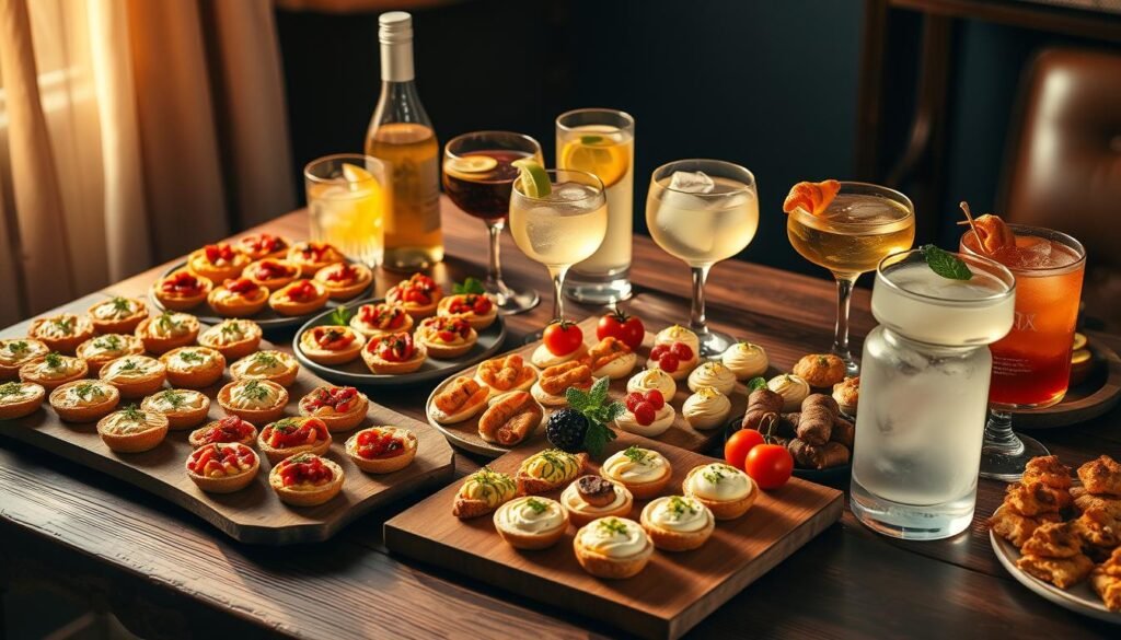 A bountiful spread of finger-licking fingerfood party appetizers artfully arranged on a rustic wooden table, with an assortment of refreshing drinks and cocktails strategically placed alongside. Crisp bruschetta, zesty mini quiches, creamy deviled eggs, and crunchy vegetable skewers create a visually appealing and mouthwatering display. The scene is bathed in warm, golden lighting, casting a cozy and inviting ambiance, perfect for an intimate gathering. The drinks, ranging from chilled white wine to craft cocktails, complement the flavors of the finger foods, creating a harmonious pairing that tantalizes the senses. The overall composition evokes a sense of effortless elegance and effortless entertaining.