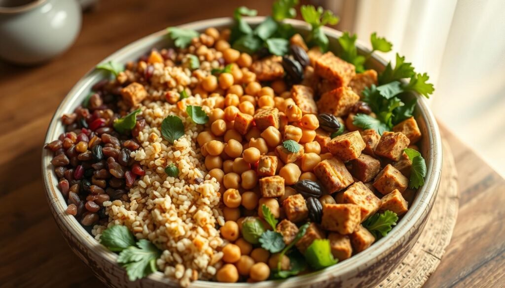 A bountiful spread of plant-based proteins, from vibrant lentils and hearty quinoa to earthy chickpeas and nutty tofu, arranged in a visually striking composition. The scene is bathed in warm, natural lighting, creating a cozy, inviting atmosphere. The ingredients are expertly styled, with thoughtful attention to texture and color contrast, evoking a sense of wholesome nourishment. The overall mood is one of balance, vitality, and a celebration of the power of plant-based foods to fuel a healthy, energizing salad. Captured from a slightly elevated perspective, allowing the viewer to fully appreciate the rich tapestry of flavors and nutrients.