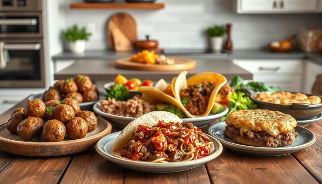 A bountiful spread of quick and delectable ground beef recipes, artfully arranged on a rustic wooden table. Succulent meatballs, savory tacos, and flavorful shepherd's pie, all illuminated by warm, soft lighting that highlights their mouthwatering textures. In the background, a serene kitchen setting with clean, modern appliances and a hint of greenery, creating a harmonious atmosphere of effortless weeknight meals. The composition is balanced, with a focus on the vibrant, inviting dishes that beckon the viewer to explore the possibilities of ground beef for easy, family-friendly dinners.