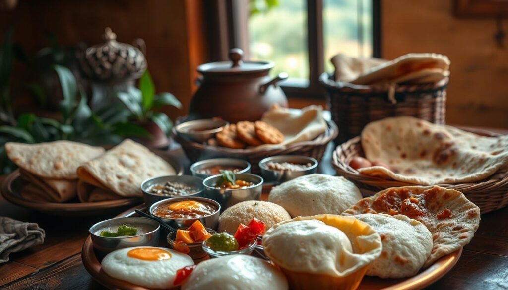 A bountiful spread of traditional north Indian vegetarian breakfast dishes set against a warm, earthy backdrop. In the foreground, a copper thali overflows with steaming idli, crisp dosa, and fluffy poori, garnished with vibrant chutneys and pickles. In the middle ground, a clay pot simmers with aromatic lentil stew, while freshly baked parathas and flavorful halwa rest on a woven basket. The background features a lush, verdant scene, with a suggestion of a rural Indian landscape through an open window. The lighting is soft and natural, casting a cozy, inviting glow over the scene. The overall atmosphere evokes the comforting, flavourful essence of a classic north Indian morning meal.