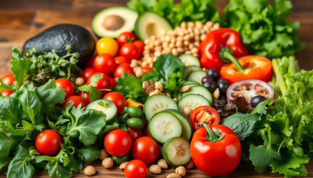 A bountiful still life of fresh, vibrant ingredients for a delectable salad. In the foreground, an array of crisp, leafy greens, including vibrant spinach, tender arugula, and crunchy romaine. Scattered amongst them, juicy cherry tomatoes, sliced cucumber, and colorful bell pepper slices. In the middle ground, a variety of superfoods, such as avocado, chickpeas, and toasted sunflower seeds, all perfectly positioned. The background features a wooden table with a rustic, textured surface, illuminated by soft, diffused natural lighting, creating a warm, inviting atmosphere. Every element is captured with meticulous detail, emphasizing the freshness and quality of the ingredients.