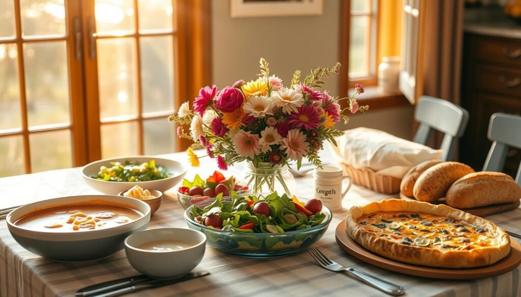 A bountiful table set for a seasonal lunch, bathed in warm, golden light from a large window. On the table, a variety of freshly prepared dishes - a hearty soup, a colorful salad, a rustic quiche, and a selection of artisanal breads. The centerpiece is a vibrant arrangement of seasonal flowers, their petals catching the afternoon sun. The overall mood is one of coziness and nourishment, inviting the viewer to savor the flavors and aromas of this midday meal. The scene is captured from a slightly elevated angle, giving a sense of harmony and abundance.