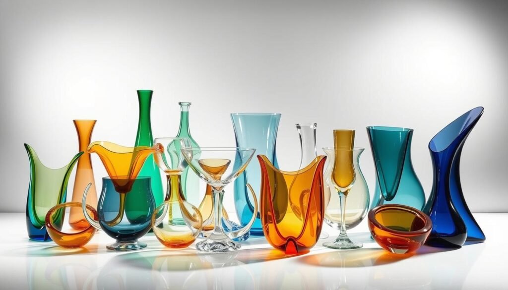 A breathtaking arrangement of unique, avant-garde glassware in a well-lit studio setting. Elegant, sculptural forms in translucent, jewel-toned hues - ranging from vibrant citrus shades to moody, iridescent blues and greens. A diverse collection, each piece showcasing exquisite craftsmanship and innovative design. Carefully positioned to catch the light, creating mesmerizing refractions and reflections that dance across the frames. A serene, minimalist backdrop amplifies the glassware's striking visual impact. Meticulously captured with a high-resolution, wide-angle lens to emphasize the pieces' striking silhouettes and attention-grabbing details.