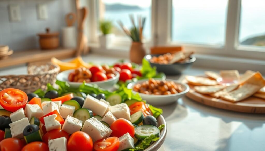 A bright, airy kitchen counter overflowing with a vibrant selection of Mediterranean diet snacks. In the foreground, a platter showcases sliced cucumbers, cherry tomatoes, kalamata olives, and wedges of creamy feta cheese. In the middle ground, a small bowl of roasted chickpeas and a plate of hummus with pita bread triangles. The background features a window overlooking a serene coastal landscape, bathed in warm, natural lighting. The overall mood is fresh, healthy, and Mediterranean-inspired.
