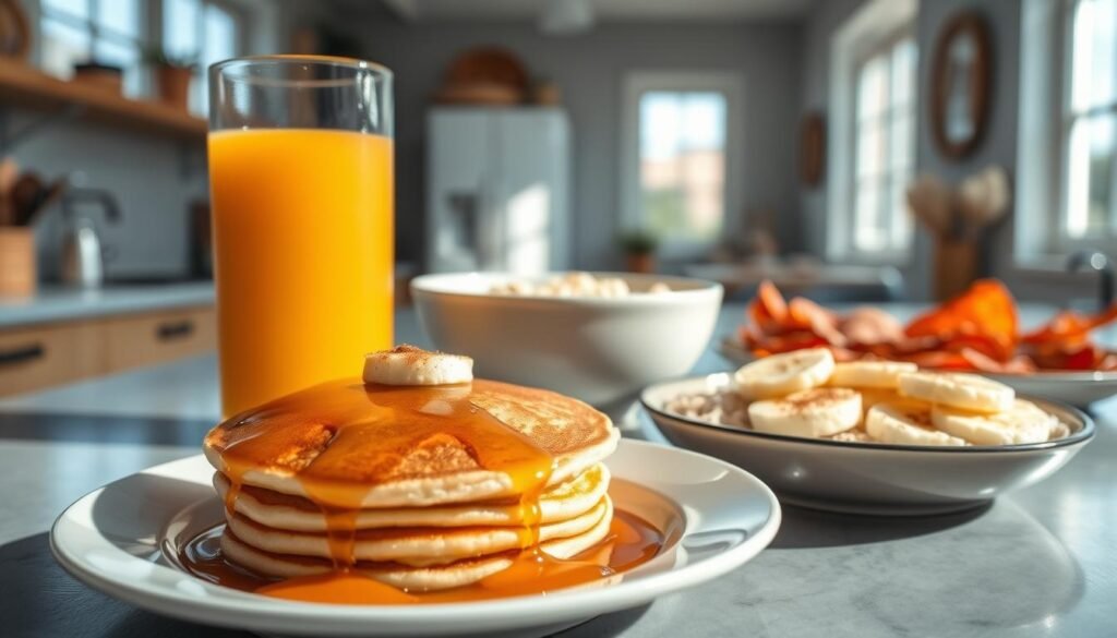 A bright, airy kitchen scene featuring a variety of quick and easy breakfast dishes. In the foreground, a plate of fluffy pancakes drizzled with maple syrup, alongside a glass of fresh orange juice. In the middle ground, a bowl of creamy oatmeal topped with sliced bananas and a sprinkle of cinnamon. In the background, a platter of crispy bacon and soft-scrambled eggs. The lighting is warm and natural, streaming in through large windows. The composition is balanced and inviting, capturing the essence of a stress-free, satisfying morning meal.