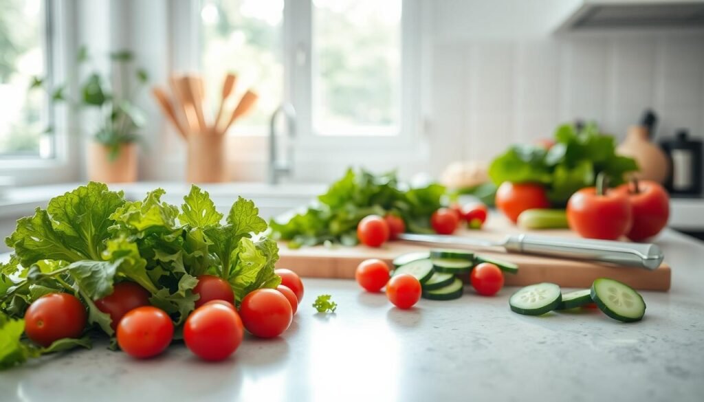 A bright and airy kitchen countertop with a variety of fresh, colorful vegetables and herbs. In the foreground, crisp lettuce leaves, cherry tomatoes, and sliced cucumbers are neatly arranged, conveying a sense of lightness and simplicity. In the middle ground, a wooden cutting board holds a knife and a pile of chopped greens, suggesting the quick preparation of a salad. The background features a window allowing natural light to flood the scene, creating a warm, inviting atmosphere. The overall mood is one of effortless, healthy living, perfectly capturing the essence of a "Light and Fresh Salad Ideas" recipe.