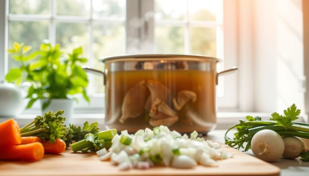 A bright and airy kitchen scene filled with a steaming pot of homemade chicken soup. In the foreground, freshly chopped vegetables - carrots, celery, onions - sit on a wooden cutting board, ready to be added to the broth. The middle ground features the glistening pot, its contents simmering gently under soft, natural lighting. In the background, a window overlooking a lush, green garden, allowing the warmth of the sun to filter in and create a cozy, welcoming atmosphere. The overall impression is one of nourishment, simplicity, and the comforting aroma of a hearty, wholesome meal.