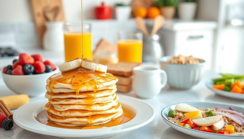 A bright, cheerful kitchen counter with a variety of healthy, kid-friendly breakfast items arranged artfully. In the foreground, a stack of fluffy pancakes drizzled with maple syrup, sliced bananas, and a sprinkle of cinnamon. In the middle ground, a bowl of fresh berries, a glass of orange juice, and a small pitcher of milk. In the background, a plate of whole-grain toast, a bowl of oatmeal with sliced apples, and a colorful assortment of chopped vegetables. The lighting is soft and natural, creating a warm, inviting atmosphere. The composition is balanced and visually appealing, showcasing a variety of nutritious and delicious breakfast options perfect for children.