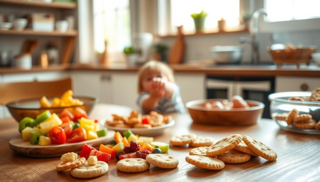 A bright, cheerful kitchen setting with a wooden table showcasing an assortment of easy-to-prepare snacks for children. In the foreground, a selection of colorful, bite-sized fruits, vegetables, and healthy crackers or baked goods are arranged in an inviting manner. In the middle ground, a few small hands reach towards the snacks, highlighting their accessibility and appeal to youngsters. The background features warm, natural lighting filtering through a window, casting a welcoming glow and emphasizing the wholesome, homemade atmosphere. The overall scene conveys a sense of simplicity, nourishment, and the joy of sharing tasty, kid-friendly treats. A bright, cheerful kitchen setting with a wooden table showcasing an assortment of easy-to-prepare snacks for children. In the foreground, a selection of colorful, bite-sized fruits, vegetables, and healthy crackers or baked goods are arranged in an inviting manner. In the middle ground, a few small hands reach towards the snacks, highlighting their accessibility and appeal to youngsters. The background features warm, natural lighting filtering through a window, casting a welcoming glow and emphasizing the wholesome, homemade atmosphere. The overall scene conveys a sense of simplicity, nourishment, and the joy of sharing tasty, kid-friendly treats.