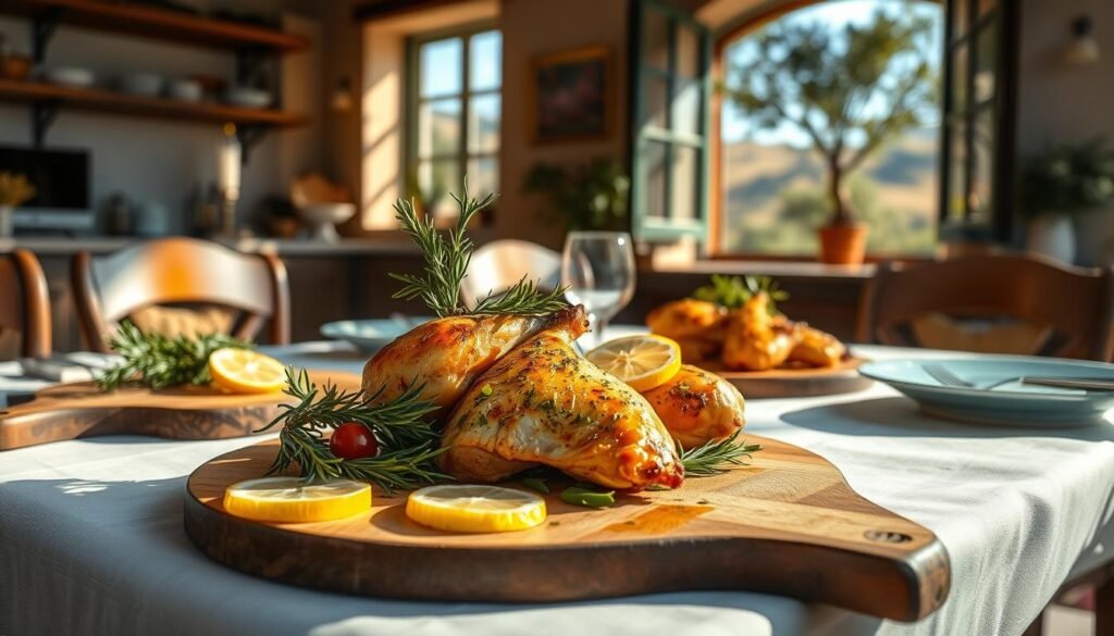 A bright, sunlit Mediterranean kitchen table with a freshly prepared lemon herb chicken dish as the centerpiece. The juicy, golden-brown chicken is garnished with fragrant sprigs of rosemary, thyme, and oregano, along with thin slices of lemon. The table is set with rustic wooden boards, a crisp white linen tablecloth, and simple ceramic plates and utensils. Warm, soft lighting casts a cozy glow, highlighting the vibrant colors and textures of the meal. In the background, a glimpse of an open window reveals a scenic Mediterranean landscape of olive trees and rolling hills. The overall atmosphere evokes the flavors and ambiance of a classic Mediterranean culinary experience.