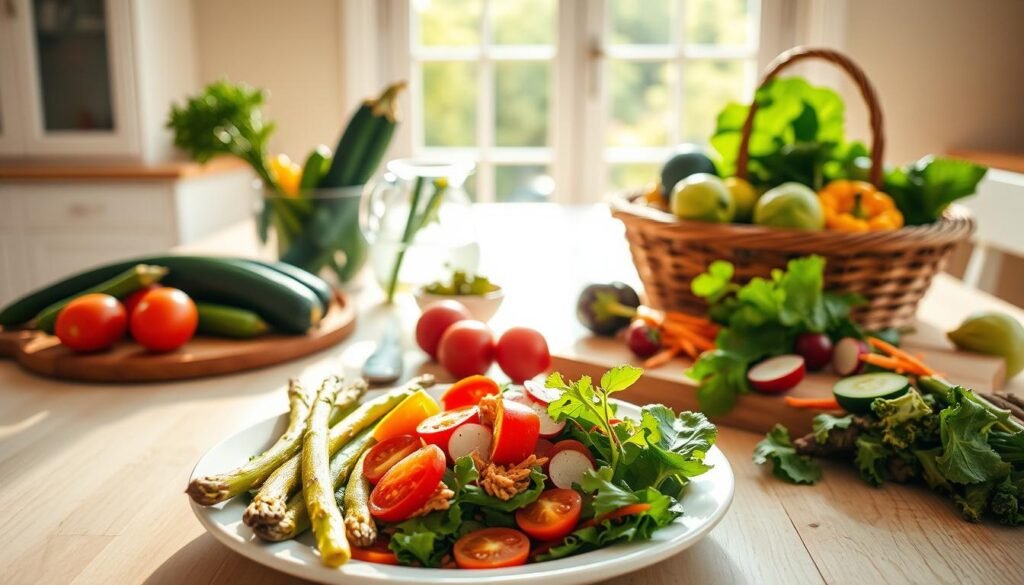 A bright, sunlit kitchen table showcasing a balanced spread of fresh, vibrant vegetables. In the foreground, a white ceramic plate featuring roasted asparagus, a colorful salad with mixed greens, cherry tomatoes, and shredded carrots. Beside it, a wooden cutting board with sliced cucumbers, bell peppers, and radishes. In the middle ground, a glass pitcher filled with infused water, and a basket of assorted whole vegetables like zucchini, eggplant, and brussels sprouts. The background features a large window with natural light streaming in, casting a warm glow over the scene. The composition is visually appealing, highlighting the nutritious, well-rounded nature of the vegetable-centric meal.