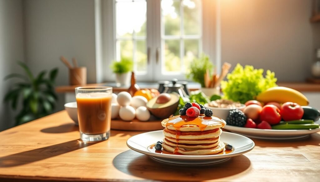 A bright, well-lit kitchen scene with a keto-friendly breakfast display on a wooden table. In the foreground, a plate showcases a stack of fluffy keto pancakes, garnished with fresh berries and a drizzle of sugar-free syrup. Next to it, a glass of refreshing keto-friendly iced coffee. In the middle ground, various keto-approved ingredients such as eggs, avocado, and low-carb vegetables are arranged neatly. The background features a window overlooking a lush, green garden, creating a serene and inviting atmosphere. The overall lighting is warm and natural, emphasizing the importance of a balanced, nutritious keto breakfast to start the day.