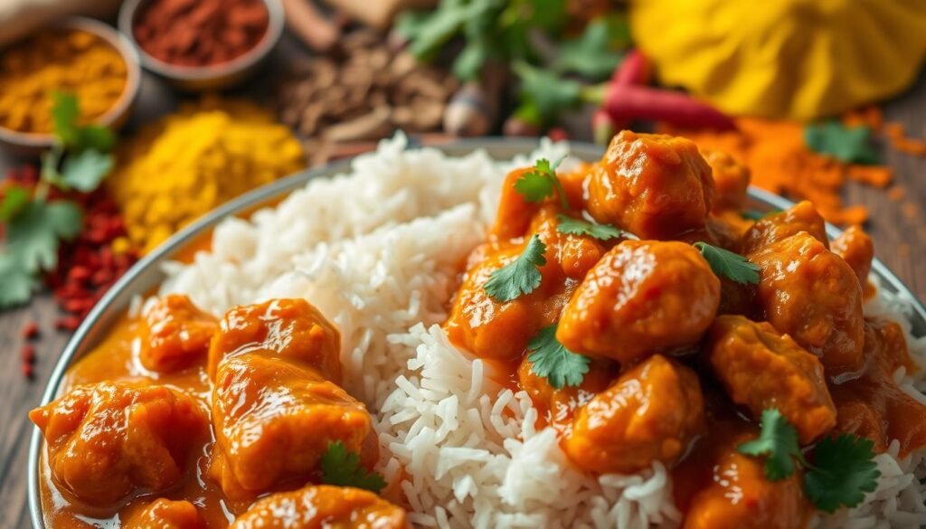 A brightly lit, high-angle photograph showcasing a delectable Indian chicken dish. In the foreground, tender chunks of juicy chicken smothered in a fragrant, velvety red curry sauce, garnished with fresh cilantro. In the middle ground, a bed of aromatic basmati rice, fluffy and perfectly cooked. The background features a vibrant, colorful array of Indian spices, including turmeric, cumin, and chili peppers, creating a captivating and appetizing scene. The overall mood is warm, inviting, and bursting with the flavors of authentic Indian cuisine, perfectly capturing the essence of a protein-packed, lunch-worthy dish.