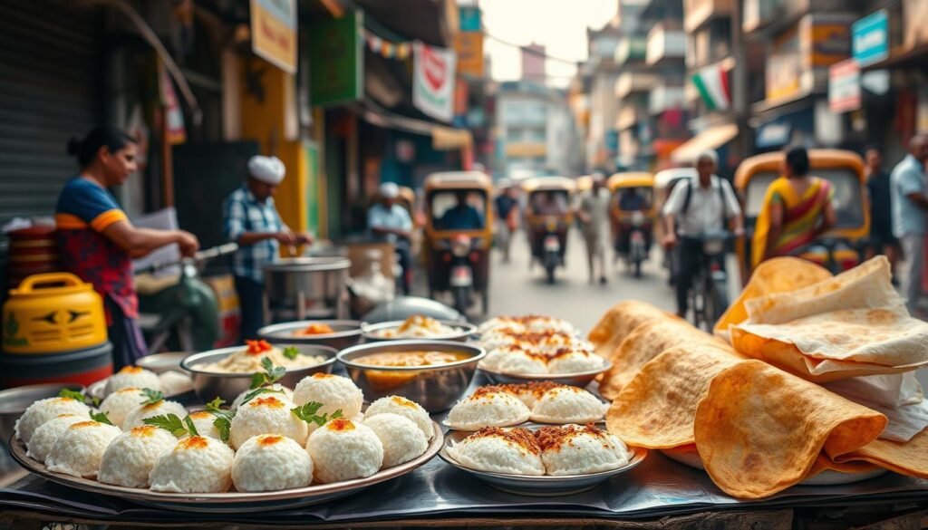 A bustling Indian street scene, with a colorful array of vegetarian breakfast dishes laid out on a makeshift stall. In the foreground, mouthwatering idli, dosa, and vada are artfully arranged, steaming hot and garnished with fresh coconut chutney, sambar, and spices. The middle ground showcases vendors skillfully preparing these beloved treats, using traditional techniques passed down through generations. In the background, a lively urban landscape comes into view, with colorful buildings, rickshaws, and pedestrians adding to the vibrant atmosphere. Warm, diffused lighting illuminates the scene, creating a welcoming and inviting ambiance. The overall composition captures the essence of Indian street food culture and the rich diversity of vegetarian breakfast options.