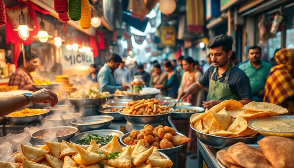 A bustling street market in India, filled with vibrant colors and mouthwatering aromas. In the foreground, a vibrant display of vegetarian street food snacks - steaming samosas, crisp pakoras, savory chaat, and fragrant dosas. The middle ground showcases vendors skillfully preparing these delectable treats, their hands moving with practiced precision. In the background, a lively crowd of hungry patrons peruses the stalls, their faces illuminated by the warm glow of the sun. The scene is captured with a wide-angle lens, emphasizing the energy and liveliness of this authentic Indian street food experience. The overall mood is one of sensory delight, inviting the viewer to step into this vibrant culinary landscape.