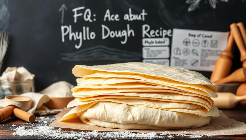 A chalkboard-style backdrop with neatly handwritten "FAQs about Phyllo Dough Recipes" in the center. In the foreground, a stack of fresh phyllo dough sheets, glistening under soft, diffused lighting. Textured parchment paper and various baking tools arranged around the dough, conveying a cozy, home-baked atmosphere. In the middle ground, a collage of recipe illustrations and step-by-step instructions, hinting at the versatility of phyllo dough. The overall composition has a warm, rustic feel, inviting the viewer to explore the world of flaky, delectable phyllo dough creations.