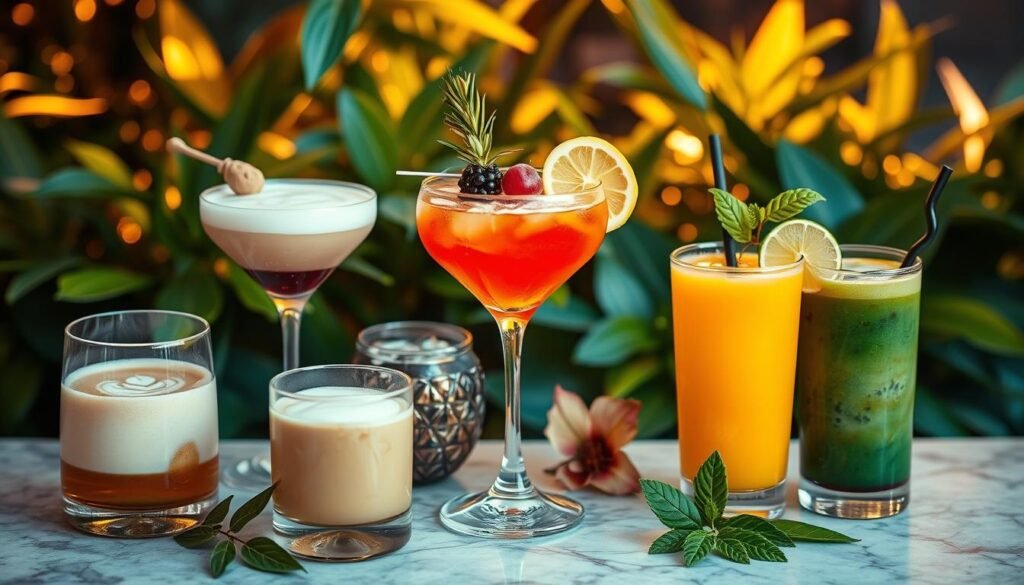A chic and visually striking arrangement of signature beverages, captured in a warm, golden-hour lighting. A central focal point showcases a meticulously crafted cocktail, its vibrant hues and intricate garnishes drawing the eye. Surrounding it, a curated selection of artfully presented drinks, each with its own unique flair - a flawlessly poured latte with delicate latte art, a sleek and minimalist mocktail, and a bold, colorful smoothie. The composition is framed by a backdrop of lush, verdant foliage, creating a serene and inviting atmosphere. The overall aesthetic is one of sophistication, creativity, and visual delight, perfectly capturing the essence of "Signature Drinks for Your Aesthetic".