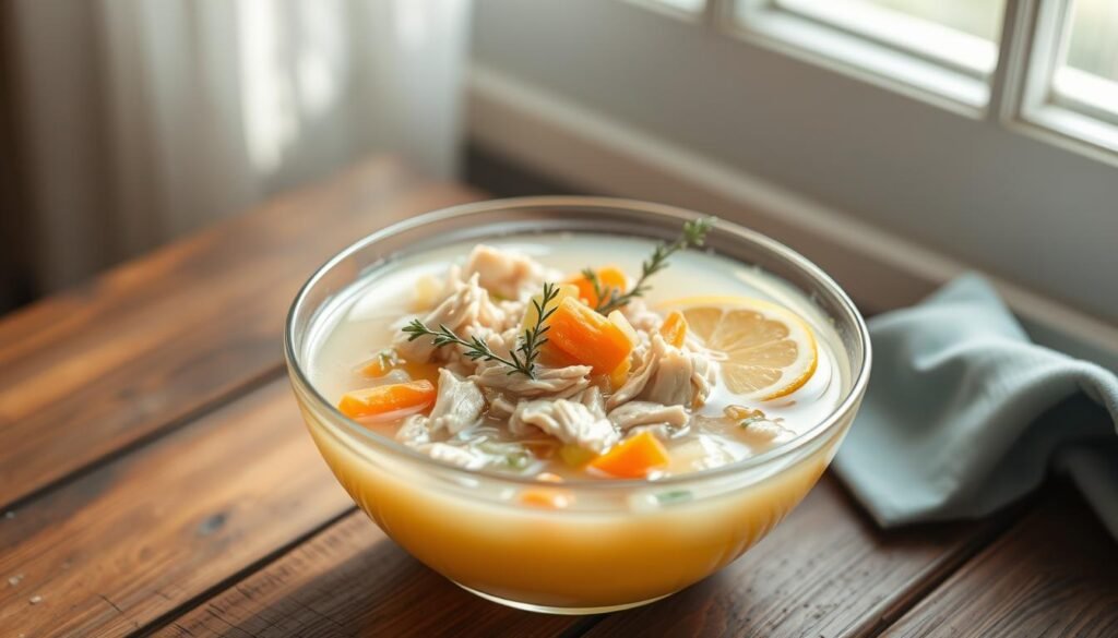 A chilled summer chicken soup in a clear glass bowl, bathed in soft, diffused natural light from a nearby window. The bowl sits on a rustic wooden table, with a sprig of fresh thyme and a lemon wedge as garnishes. The broth is a pale, golden hue, with shredded chicken, tender vegetables like carrots, celery, and onions, and a scattering of delicate herbs. A relaxed, soothing atmosphere evokes the comfort and nourishment of a homemade meal, perfectly suited for a warm summer day.