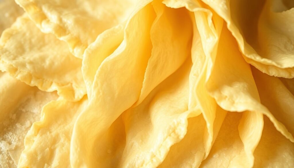 A close-up, detailed shot of fresh phyllo dough sheets, their delicate, paper-thin layers fanning out and cascading across the frame. Crisp, golden edges and a soft, wispy texture create a mouthwatering focal point. Warm, natural lighting bathes the scene, highlighting the dough's intricate flaky structure and gently reflecting off the glossy surface. The composition emphasizes the dough's pliable nature, with subtle hints of a neutral backdrop providing just enough context to showcase this essential baking ingredient. An inviting, appetizing atmosphere that inspires the viewer to explore the versatility of working with phyllo dough.