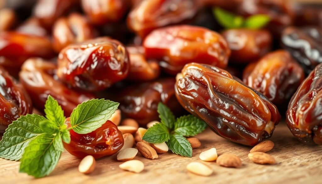 A close-up image of an assortment of fresh, plump dates arranged on a wooden surface, showcasing their natural sweetness and rich caramel hues. In the foreground, a delicate sprig of mint adds a vibrant, refreshing contrast. The lighting is soft and natural, highlighting the dates' glossy, textured skin. In the middle ground, a scattering of chopped nuts, perhaps almonds or walnuts, adds a crunchy, nutty element. The background is slightly blurred, allowing the focus to remain on the dates and their inherent health benefits. The overall composition conveys a sense of warmth, simplicity, and the wholesome goodness of this versatile superfruit. A close-up image of an assortment of fresh, plump dates arranged on a wooden surface, showcasing their natural sweetness and rich caramel hues. In the foreground, a delicate sprig of mint adds a vibrant, refreshing contrast. The lighting is soft and natural, highlighting the dates' glossy, textured skin. In the middle ground, a scattering of chopped nuts, perhaps almonds or walnuts, adds a crunchy, nutty element. The background is slightly blurred, allowing the focus to remain on the dates and their inherent health benefits. The overall composition conveys a sense of warmth, simplicity, and the wholesome goodness of this versatile superfruit.
