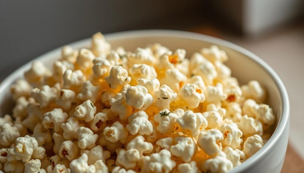 A close-up shot of a white ceramic bowl overflowing with freshly popped popcorn kernels, glistening with a light coating of herbed olive oil. The popcorn kernels are a rich golden-brown color, with visible flecks of fragrant dried herbs - rosemary, thyme, and oregano - scattered throughout. The lighting is soft and diffused, casting a warm, comforting glow on the snack. The camera angle is slightly elevated, emphasizing the bowl's generous portion and the enticing aroma wafting upwards. The background is blurred, placing the focus entirely on the savory, homemade appeal of the herbed popcorn. A close-up shot of a white ceramic bowl overflowing with freshly popped popcorn kernels, glistening with a light coating of herbed olive oil. The popcorn kernels are a rich golden-brown color, with visible flecks of fragrant dried herbs - rosemary, thyme, and oregano - scattered throughout. The lighting is soft and diffused, casting a warm, comforting glow on the snack. The camera angle is slightly elevated, emphasizing the bowl's generous portion and the enticing aroma wafting upwards. The background is blurred, placing the focus entirely on the savory, homemade appeal of the herbed popcorn.