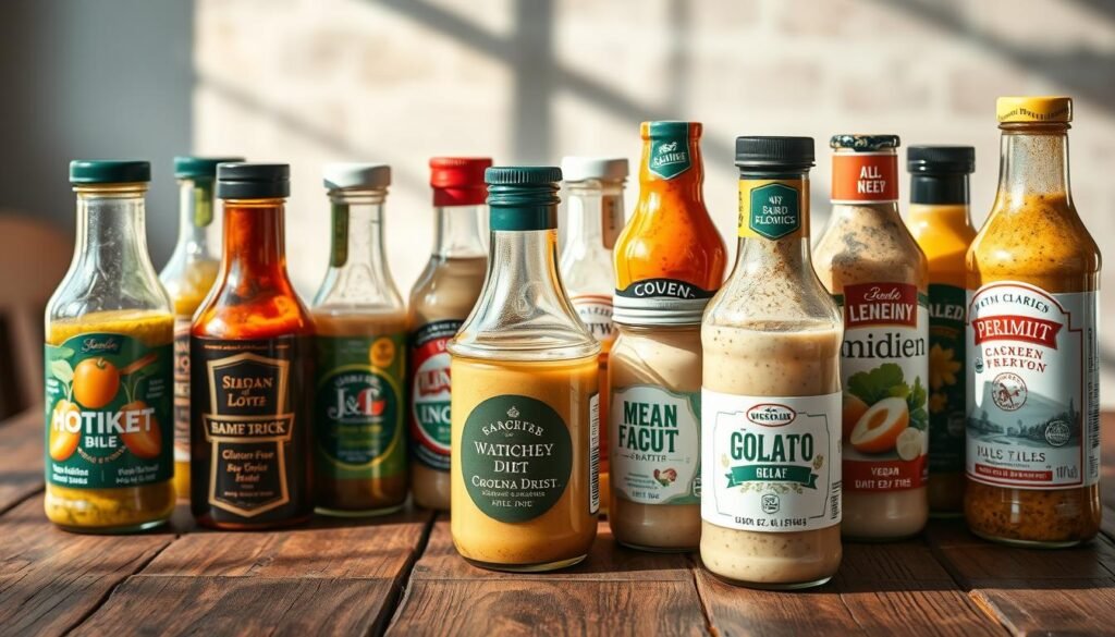 A close-up shot of an assortment of specialty diet salad dressings on a rustic wooden table. The dressings are presented in various glass bottles and jars, showcasing their unique colors and textures. The foreground features a range of dressings, including vegan, gluten-free, dairy-free, and low-calorie options. The middle ground highlights the intricate labels and branding of the different brands. The background is softly blurred, creating a warm, inviting atmosphere, with natural lighting casting gentle shadows across the scene. The overall composition emphasizes the diversity and visual appeal of these specialized salad dressings.