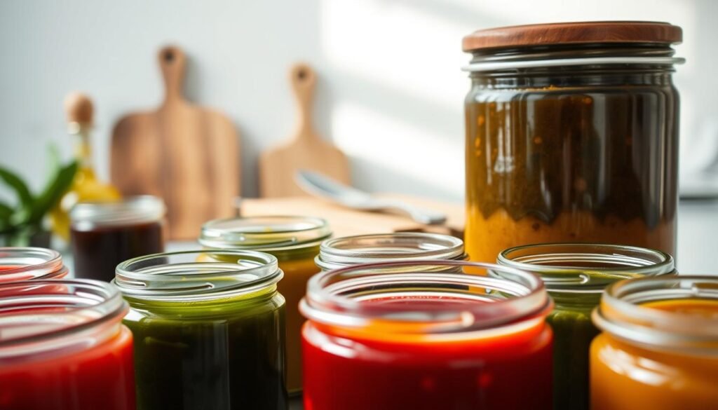 A close-up shot of an elegantly arranged array of artisanal signature sauces. In the foreground, glass jars filled with thick, glossy condiments in rich hues of crimson, golden amber, and emerald green. In the middle ground, wooden cutting boards and utensils, hinting at their use in gourmet meal preparation. The background features a softly lit, minimalist kitchen setting, with hints of natural light creating a warm, inviting atmosphere. The overall composition conveys a sense of culinary expertise, creativity, and the transformative power of expertly crafted sauces.