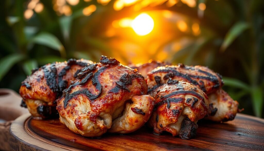 A close-up shot of juicy, grilled jerk chicken thighs, perfectly seasoned with a blend of allspice, thyme, garlic, and fiery Scotch bonnet peppers. The meat has a gorgeous, caramelized crust, revealing tender, flavorful flesh underneath. The chicken is plated on a rustic wooden cutting board, with a vibrant, tropical background of lush, green foliage, and a warm, golden glow from the setting sun casting a soft, inviting light across the scene. The overall mood is one of mouthwatering Caribbean charm and irresistible culinary delights.