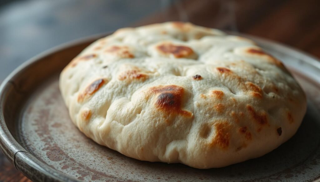 A close-up view of a freshly baked, golden-brown traditional Indian bread, known as naan, resting on a rustic ceramic plate. The bread's surface is adorned with delicate patterns, reflecting the skilled hand of the baker. Warm steam emanates from the pillowy-soft dough, hinting at its comforting aroma. The lighting is soft and natural, casting gentle shadows that accentuate the bread's tactile texture. The background is slightly blurred, allowing the focus to remain solely on the captivating centerpiece - this iconic, versatile accompaniment to a wide range of Indian culinary delights.