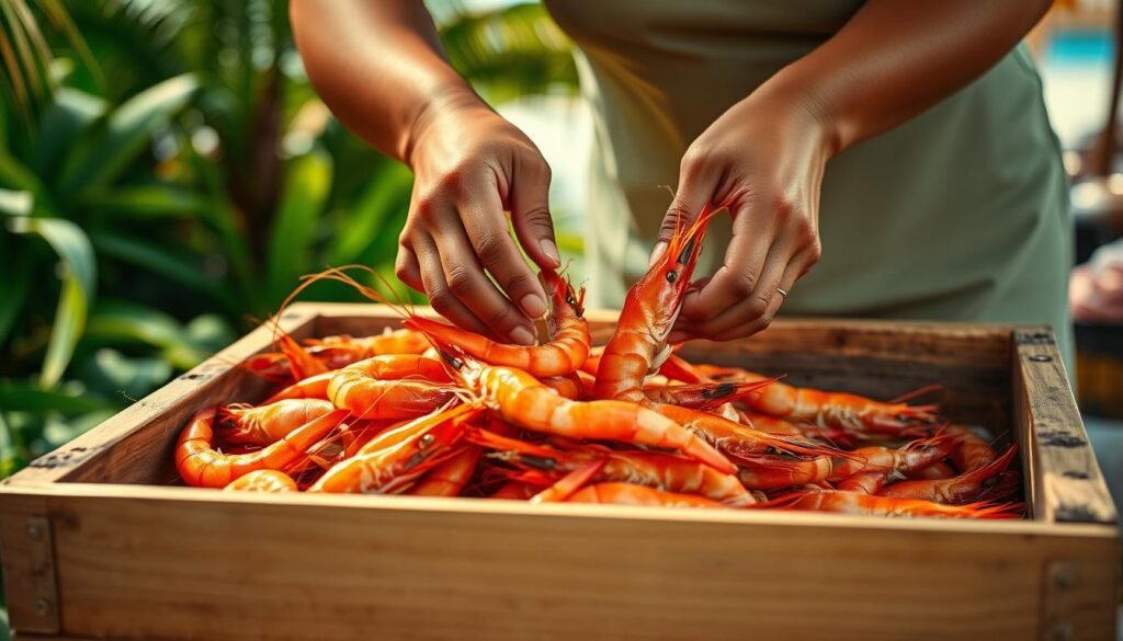 A close-up view of a woman's hands carefully selecting fresh, vibrant shrimp from a wooden crate. The shrimp gleam under warm, natural lighting, revealing their plump, succulent bodies. In the background, a tropical scene unfolds, with lush greenery and a glimpse of a Caribbean-style market or fishing village. The composition emphasizes the care and attention given to choosing the finest seafood, setting the stage for a delectable Caribbean culinary experience.