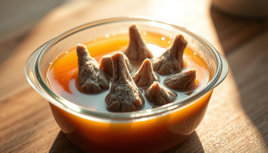 A close-up view of frozen beef soup tips in a glass container, illuminated by soft, warm lighting from the side. The tips are nestled in a pool of rich, golden broth, with a subtle hint of steam rising from the surface. The container is positioned on a wooden surface, creating a cozy, homely atmosphere. The lighting casts gentle shadows, adding depth and dimension to the scene. The overall composition emphasizes the delicate, yet hearty nature of the frozen soup, capturing its essence as a comforting, nourishing dish.