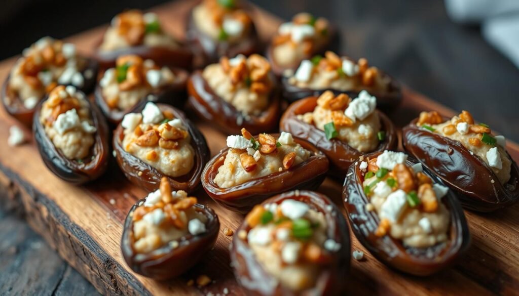 A closeup shot of various quick and easy stuffed date appetizers, arranged artfully on a rustic wooden board. The dates are plump and juicy, filled with a creamy, savory mixture. Garnished with toasted nuts, crumbled feta, and a drizzle of honey, the appetizers exude an inviting, gourmet aesthetic. The lighting is soft and diffused, casting a warm, appetizing glow. The composition is balanced, with the dates positioned prominently in the foreground, allowing their rich colors and textures to shine. The overall mood is one of effortless elegance, perfectly capturing the essence of "Quick and Easy Stuffed Dates Ideas" for an ordinary gathering. A closeup shot of various quick and easy stuffed date appetizers, arranged artfully on a rustic wooden board. The dates are plump and juicy, filled with a creamy, savory mixture. Garnished with toasted nuts, crumbled feta, and a drizzle of honey, the appetizers exude an inviting, gourmet aesthetic. The lighting is soft and diffused, casting a warm, appetizing glow. The composition is balanced, with the dates positioned prominently in the foreground, allowing their rich colors and textures to shine. The overall mood is one of effortless elegance, perfectly capturing the essence of "Quick and Easy Stuffed Dates Ideas" for an ordinary gathering.