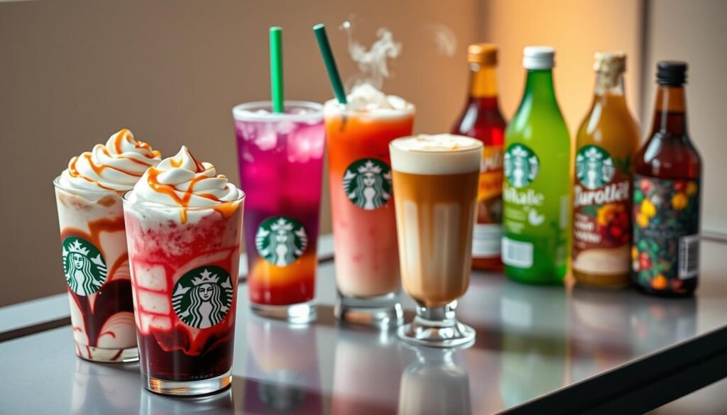 A collection of exclusive Starbucks drinks, artfully arranged on a sleek, modern table. In the foreground, a vibrant Frappuccino with swirls of whipped cream and a drizzle of caramel. Behind it, a tall, icy Refresher with a vibrant, tropical appearance. In the middle, a richly colored, steaming seasonal latte, its surface adorned with intricate foam art. In the background, a selection of vibrant, limited-edition bottled beverages, their labels showcasing unique designs. The lighting is soft and diffused, creating a warm, inviting atmosphere that highlights the drinks' vibrant colors and textures. The overall scene conveys a sense of exclusivity and specialness, perfect for showcasing Starbucks' limited-time offerings and promotions.