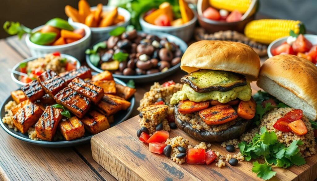 A colorful and mouthwatering spread of protein-packed vegetarian and vegan BBQ side dishes, artfully arranged on a rustic wooden table. In the foreground, a platter of grilled tofu skewers marinated in a tangy BBQ sauce, accompanied by a vibrant quinoa and black bean salad with roasted bell peppers and a zesty lime dressing. In the middle ground, a hearty portobello mushroom burger with a charred exterior, nestled between fluffy vegan buns and topped with a creamy avocado spread. In the background, a selection of roasted sweet potato wedges, grilled corn on the cob, and a refreshing watermelon and feta salad, all bathed in warm, natural lighting that enhances the rich colors and textures of the plant-based dishes.