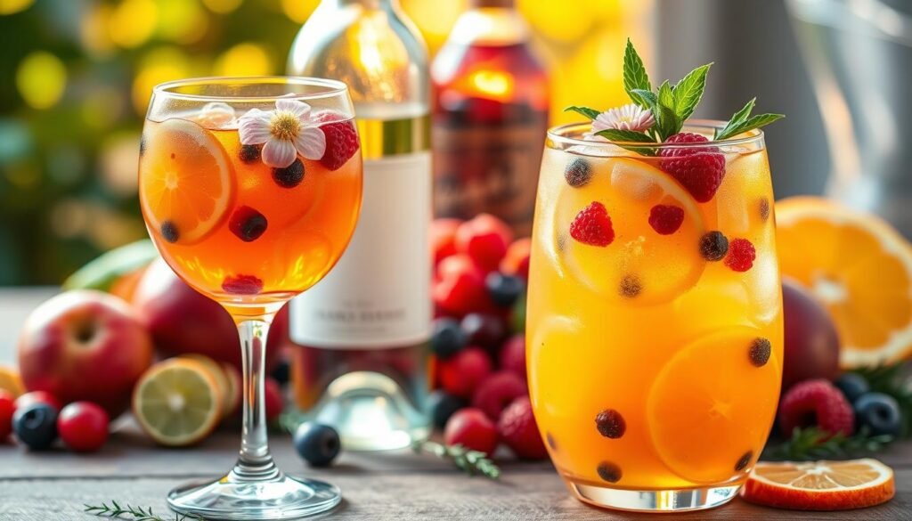 A colorful array of refreshing summer cocktails with an artistic flair. In the foreground, a vibrant sangria made with fresh-sliced citrus fruits, berries, and a touch of honey, served in a large wine glass with a delicate floral garnish. In the middle ground, a chilled bottle of crisp white wine alongside a variety of vibrant fruits and herbs, creating a visually enticing display. The background is bathed in warm, golden lighting, evoking a cozy, inviting atmosphere perfect for enjoying these creative wine-based options. The overall composition radiates a sense of sophistication and effortless elegance.