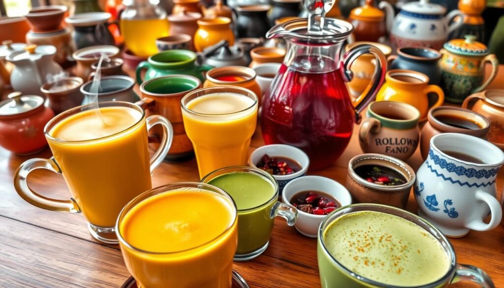 A colorful array of traditional beverages from around the world, artfully arranged on a wooden table. In the foreground, a steaming cup of fragrant chai, with delicate wisps of steam curling upwards. Beside it, a glass of smooth, golden turmeric latte and a vibrant green matcha tea latte, complete with a dusting of fine powder. In the middle ground, an ornate glass carafe of deep red pomegranate juice, surrounded by small cups of warm, spiced mulled wine. In the background, a variety of ceramic mugs and glasses holding various herbal teas, fermented drinks, and regional specialties, all bathed in warm, natural lighting that accentuates the depth and richness of the scene.