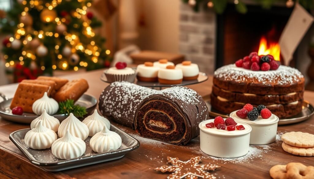 A cozy Christmas scene featuring an assortment of tantalizing gluten-free desserts arranged on a rustic wooden table. In the foreground, a decadent chocolate yule log, dusted with powdered sugar, sits alongside a tray of fluffy meringue cookies and a beautiful gluten-free gingerbread cake adorned with candied cranberries. In the middle ground, a platter of creamy gluten-free panna cotta, garnished with fresh berries, and a plate of buttery, shortbread-like cookies. The background is softly lit, with a twinkling Christmas tree and a warm fireplace casting a gentle glow over the scene. The overall mood is one of festive indulgence and holiday cheer. A cozy Christmas scene featuring an assortment of tantalizing gluten-free desserts arranged on a rustic wooden table. In the foreground, a decadent chocolate yule log, dusted with powdered sugar, sits alongside a tray of fluffy meringue cookies and a beautiful gluten-free gingerbread cake adorned with candied cranberries. In the middle ground, a platter of creamy gluten-free panna cotta, garnished with fresh berries, and a plate of buttery, shortbread-like cookies. The background is softly lit, with a twinkling Christmas tree and a warm fireplace casting a gentle glow over the scene. The overall mood is one of festive indulgence and holiday cheer.