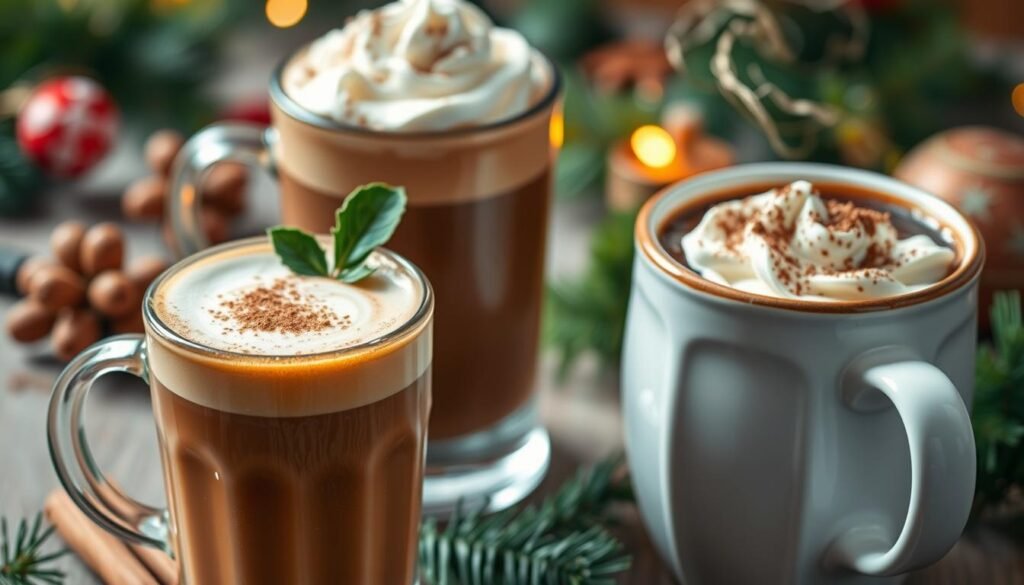 A cozy and festive scene of coffee-based Christmas drinks, captured in a soft, warm lighting. In the foreground, a hand-crafted latte with intricate latte art, garnished with a sprinkle of cinnamon and a delicate sprig of holly. In the middle ground, a rich and creamy hot chocolate topped with fluffy whipped cream and a dusting of cocoa powder. In the background, a steaming mug of spiced mulled coffee, its fragrant steam curling upwards, surrounded by holiday greenery and a hint of twinkling lights. The overall mood is one of comfort, joy, and the delightful flavors of the season.