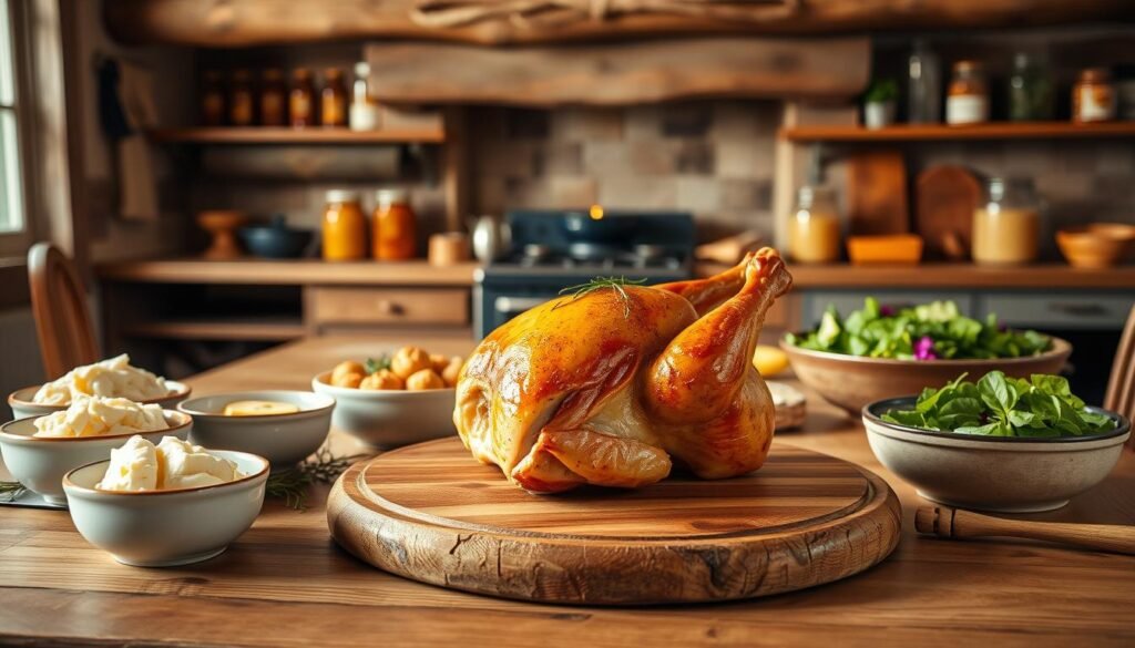 A cozy and inviting family-style dinner scene, featuring a beautifully plated chicken main course surrounded by classic pioneer woman-inspired side dishes. The table is set with rustic wood and earthenware, bathed in warm, soft lighting that casts a comforting glow. In the foreground, a steaming roasted chicken, garnished with fresh herbs, sits atop a wooden cutting board. Alongside, bowls of mashed potatoes, buttery biscuits, and a fresh green salad fill the table, creating a wholesome, homestyle display. The background showcases a charming farmhouse kitchen, with weathered beams, a cast-iron stove, and jars of preserved goods, evoking the timeless spirit of pioneer living. This scene perfectly captures the essence of satisfying, family-friendly dinners that nourish both body and soul.