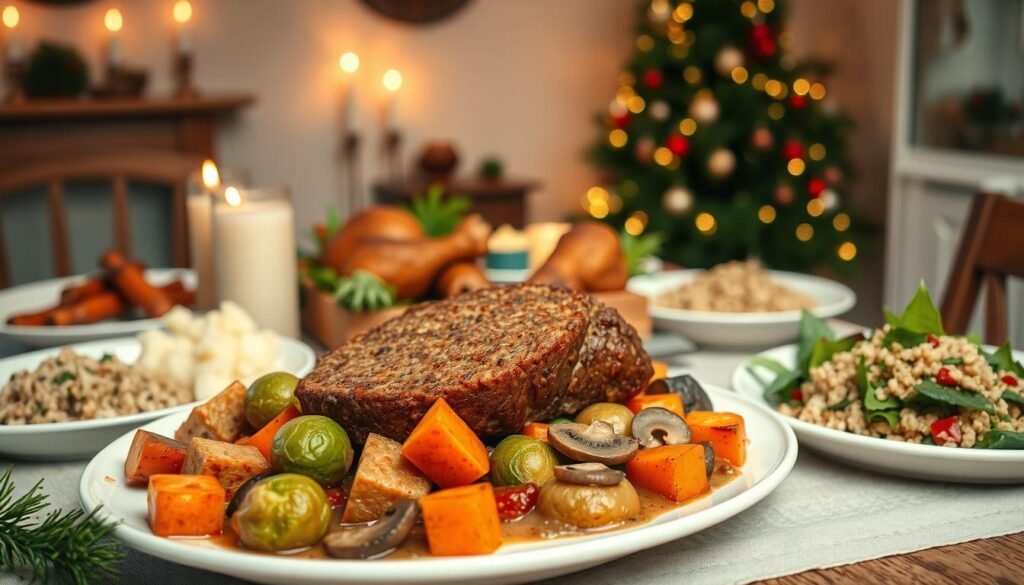 A cozy and inviting vegetarian Christmas dinner scene, showcasing a variety of delectable main course dishes. In the foreground, a beautifully plated centerpiece featuring a savory nut roast or lentil-based loaf, surrounded by roasted root vegetables, Brussels sprouts, and a creamy mushroom gravy. In the middle ground, a selection of vibrant side dishes such as mashed potatoes, herbed quinoa, and a fresh green salad. The background is softly lit, with a warm, festive atmosphere created by the glow of candles and the twinkling of a Christmas tree in the corner. The overall mood is one of comfort, nourishment, and holiday cheer, inviting the viewer to imagine themselves gathered around the table for a memorable vegetarian Christmas feast. A cozy and inviting vegetarian Christmas dinner scene, showcasing a variety of delectable main course dishes. In the foreground, a beautifully plated centerpiece featuring a savory nut roast or lentil-based loaf, surrounded by roasted root vegetables, Brussels sprouts, and a creamy mushroom gravy. In the middle ground, a selection of vibrant side dishes such as mashed potatoes, herbed quinoa, and a fresh green salad. The background is softly lit, with a warm, festive atmosphere created by the glow of candles and the twinkling of a Christmas tree in the corner. The overall mood is one of comfort, nourishment, and holiday cheer, inviting the viewer to imagine themselves gathered around the table for a memorable vegetarian Christmas feast.