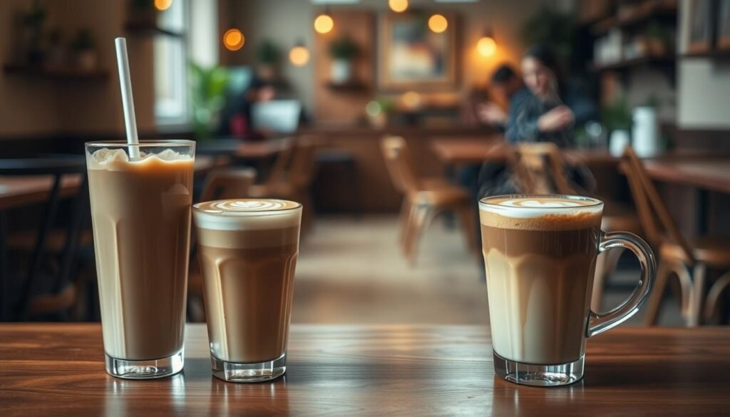 A cozy café scene with a foreground of an iced coffee and a steaming hot drink, both featuring intricate latte art and set against a middle-ground of blurred wooden tables and chairs. The background is a warm, soft-focused view of a café interior with earthy tones, subtle lighting, and hints of greenery to create a comforting, inviting atmosphere. The overall composition conveys a sense of contrast and choice, reflecting the theme of "Iced Vs. Hot Drinks: Choosing Based on Your Mood".