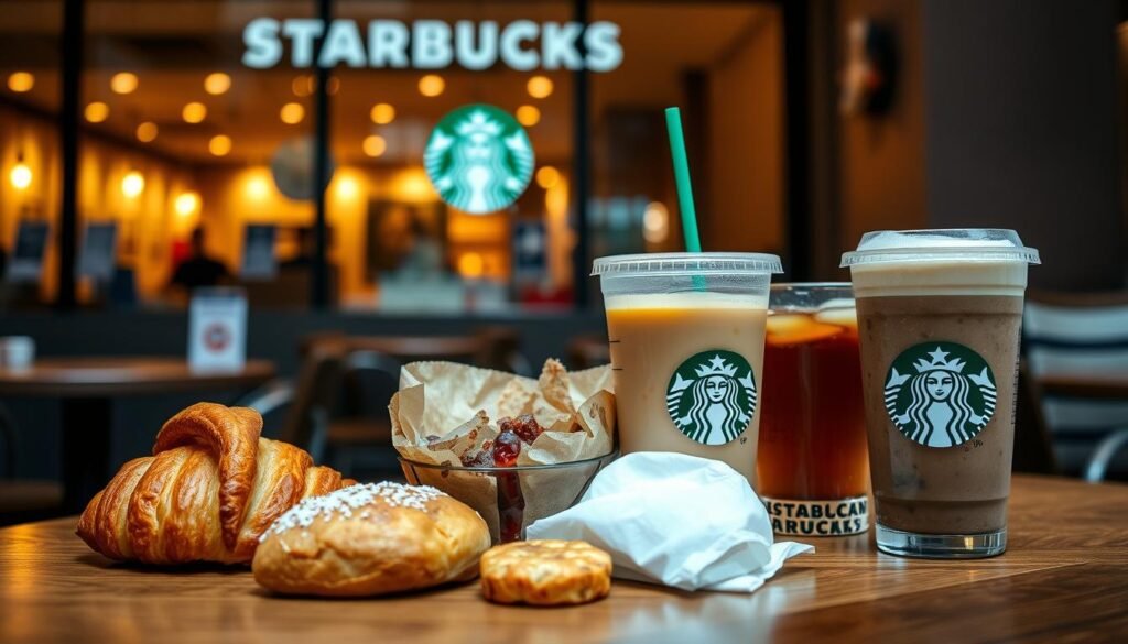 A cozy cafe setting with a Starbucks storefront in the background, illuminated by warm, natural lighting. In the foreground, a wooden table displays an assortment of Starbucks-branded snacks, including a flaky croissant, a moist muffin, and a delicate pastry. Placed alongside the treats are various Starbucks beverages, including a creamy latte, a refreshing iced tea, and a rich, frothy cappuccino. The scene conveys a sense of comfort and indulgence, inviting the viewer to imagine the perfect pairing of a Starbucks drink and snack.