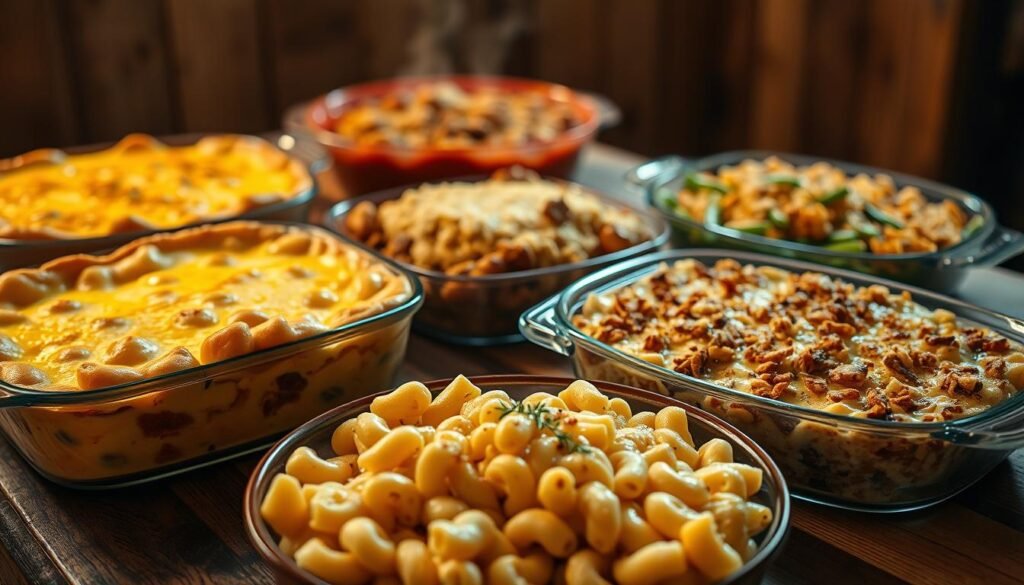 A cozy collection of comforting casserole dishes resting on a rustic wooden table, suffused with warm, glowing light. In the foreground, a creamy, bubbling baked pasta dish, its golden top dotted with melted cheese. Beside it, a hearty, savory shepherd's pie, its flaky crust inviting a hearty scoop. In the middle ground, a rich, fragrant chicken and wild rice casserole, its aromatic steam rising gently. In the background, a classic green bean casserole, its crispy fried onion topping catching the soft, ambient light. The scene evokes a sense of homespun holiday cheer, the perfect companions to any festive feast.